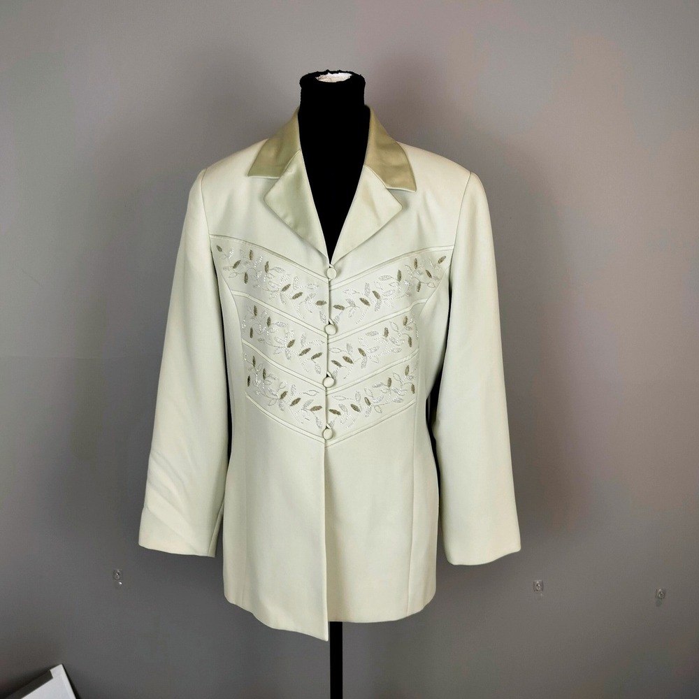 Hand Beaded Beaded Leaf Embroidered Evening Blazer 12 Sage Green Satin‎ Trim